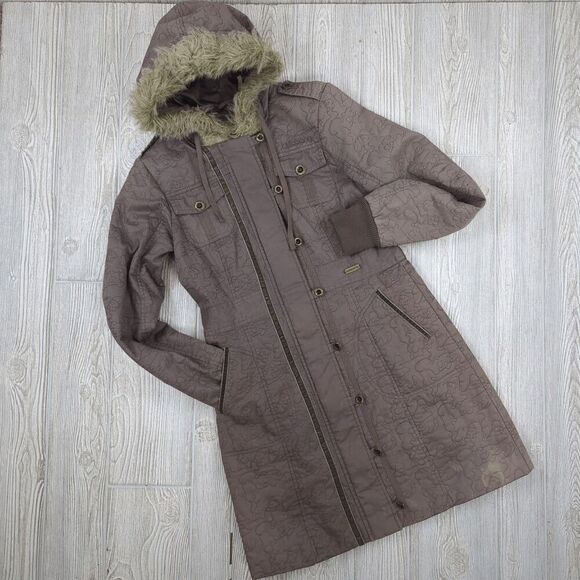 Vintage Billabong Women’s Medium Gray Long Overcoat Jacket Fur Hooded - Picture 1 of 10